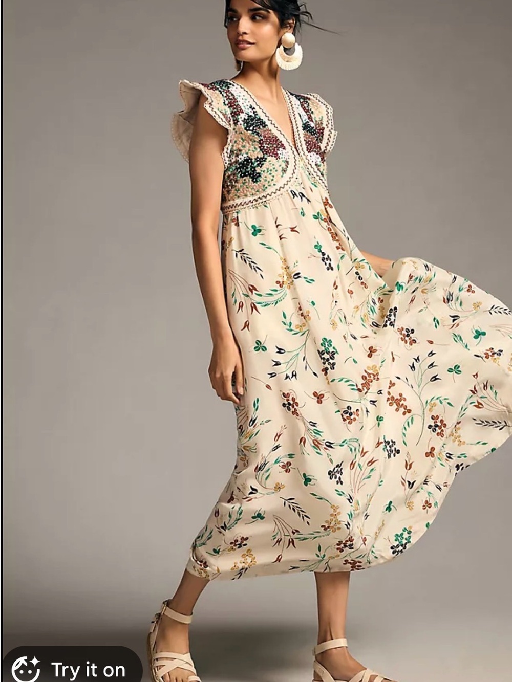 Anthropologie Cream Floral Maxi Dress with Embroidered Yoke and Pockets - Picture 2 of 6